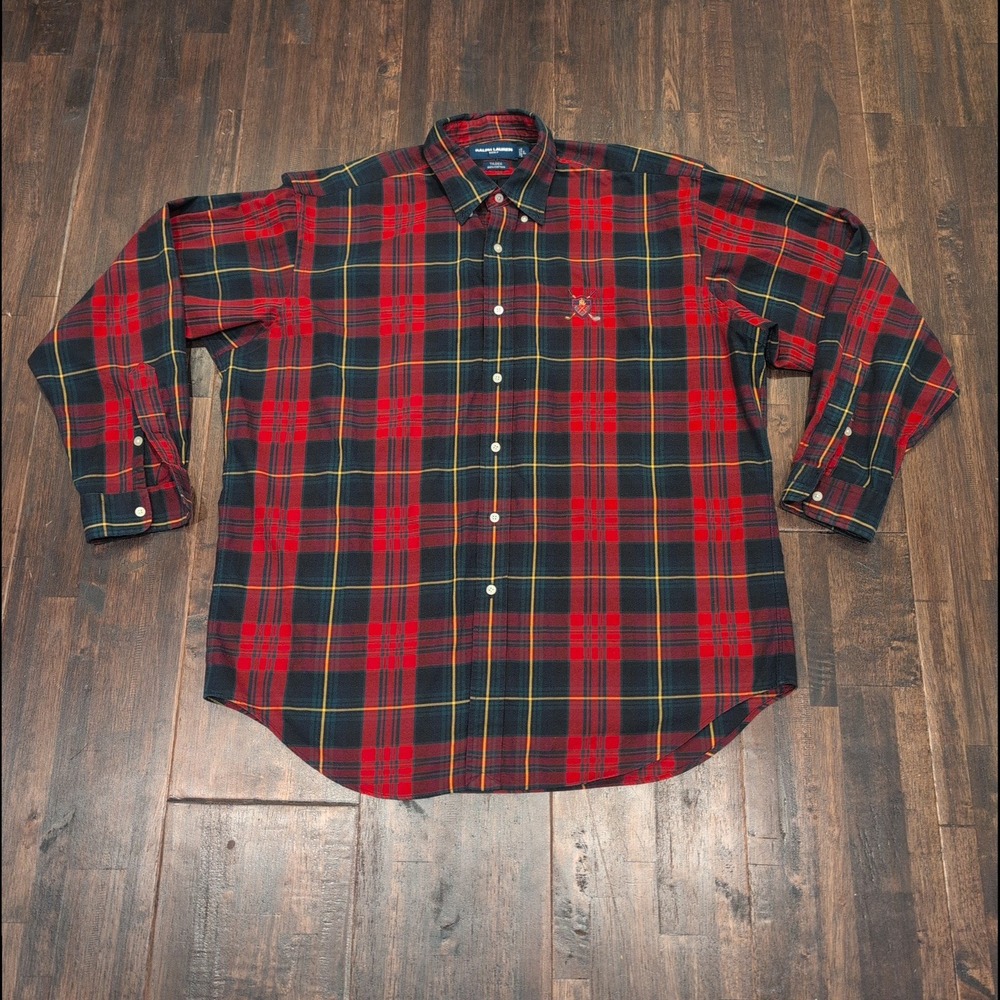 Vintage Polo Ralph Lauren Golf Tilden Plaid Long Sleeve Shirt Mens L Red Green